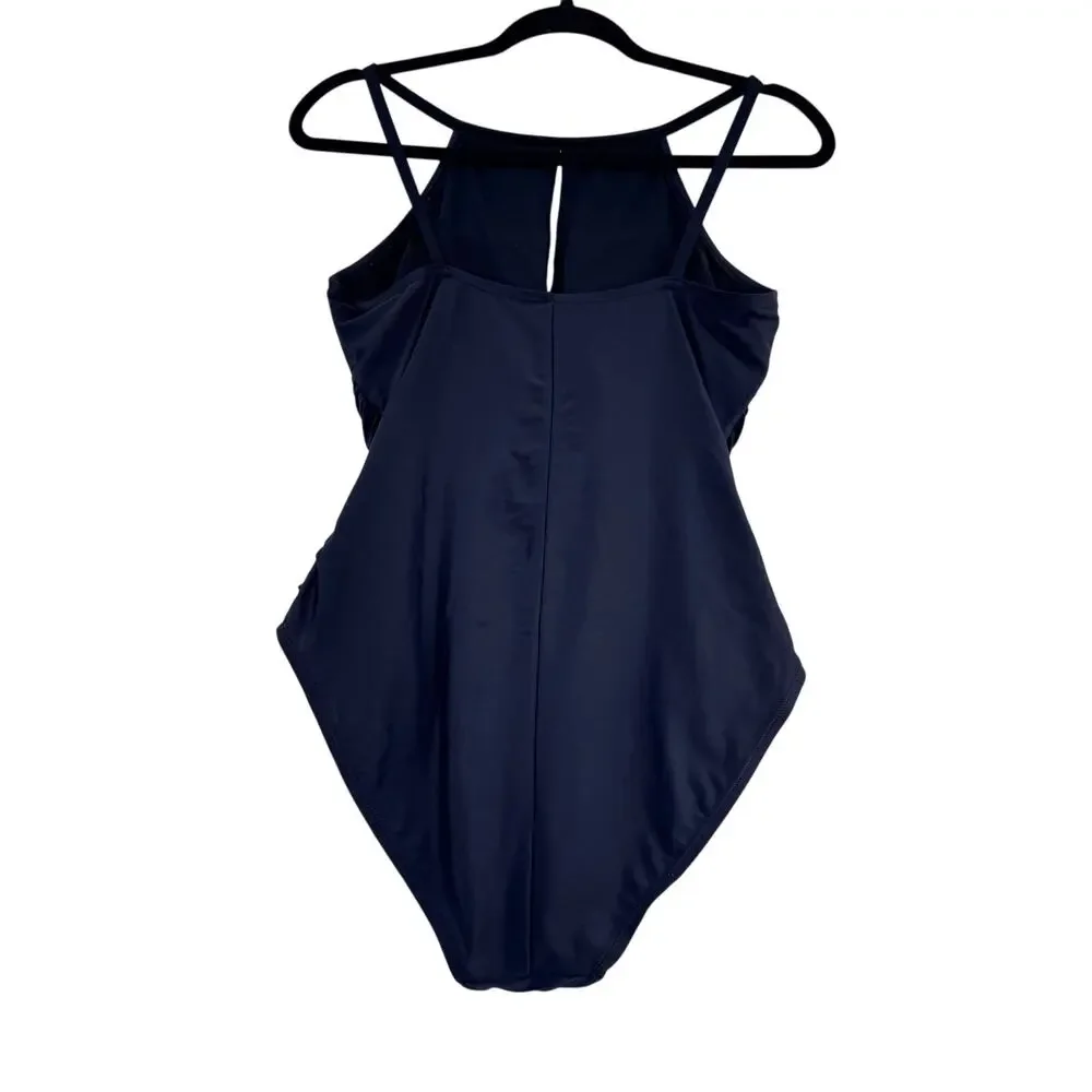 Ellen Tracy Black One Piece Swimsuit Halter Ruched Tummy Control Size 10 resort - Picture 2 of 6